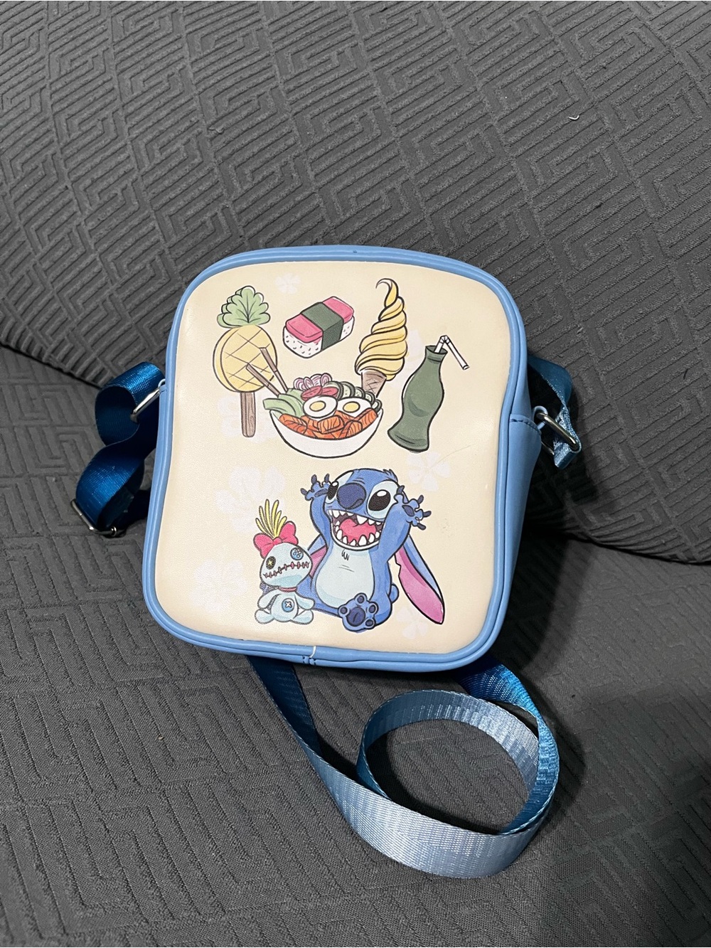 Disney Blue Stitch Crossbody Bag with Cartoon Snack Print
